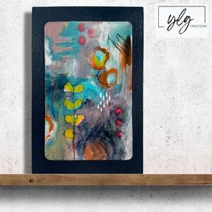 Abstract Mini Art Original Painting Pastels Blues Pinks Greens Yellow Leaves 2